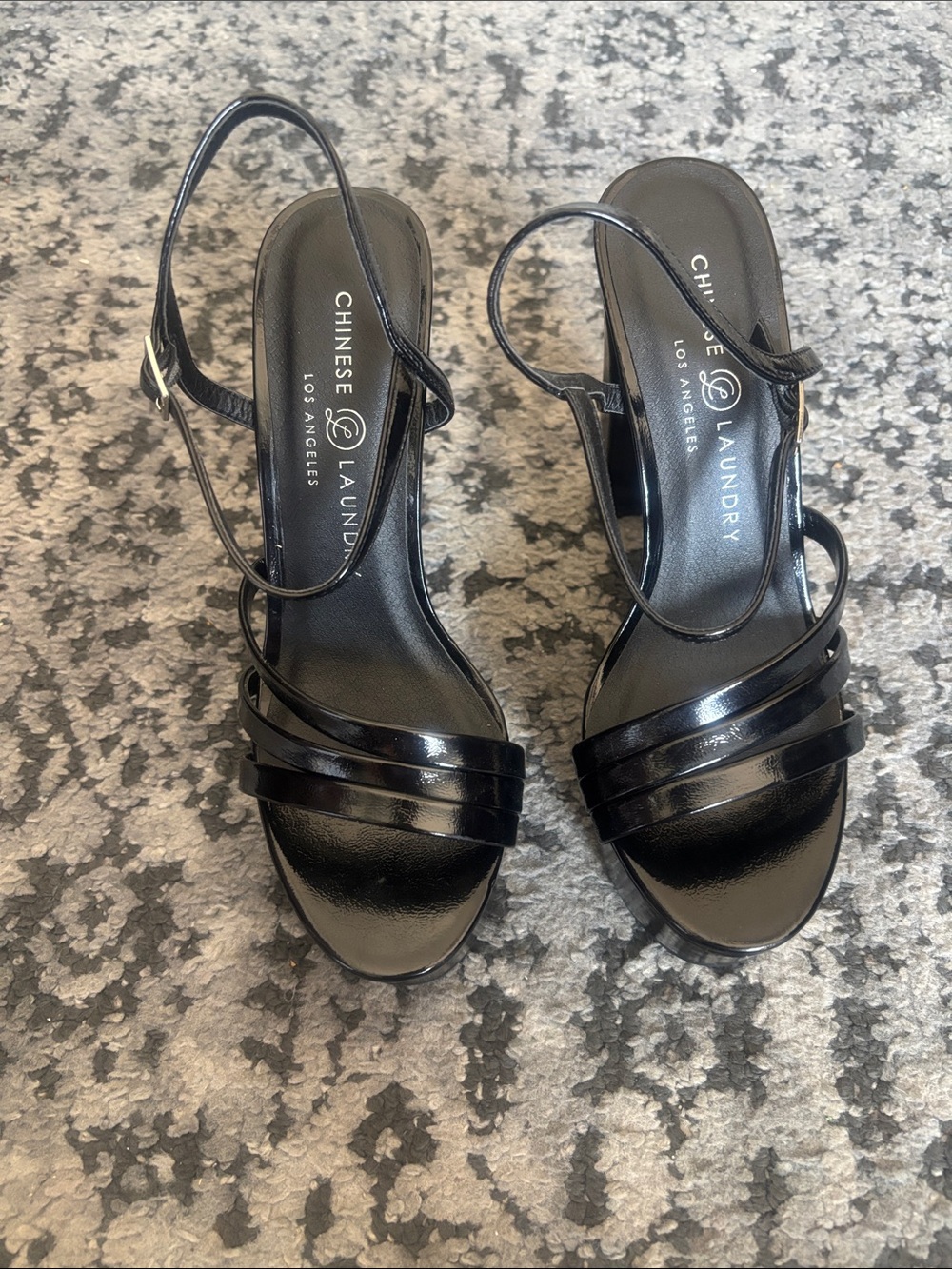 Chinese Laundry Black Patent Strappy Block Heel Sandals